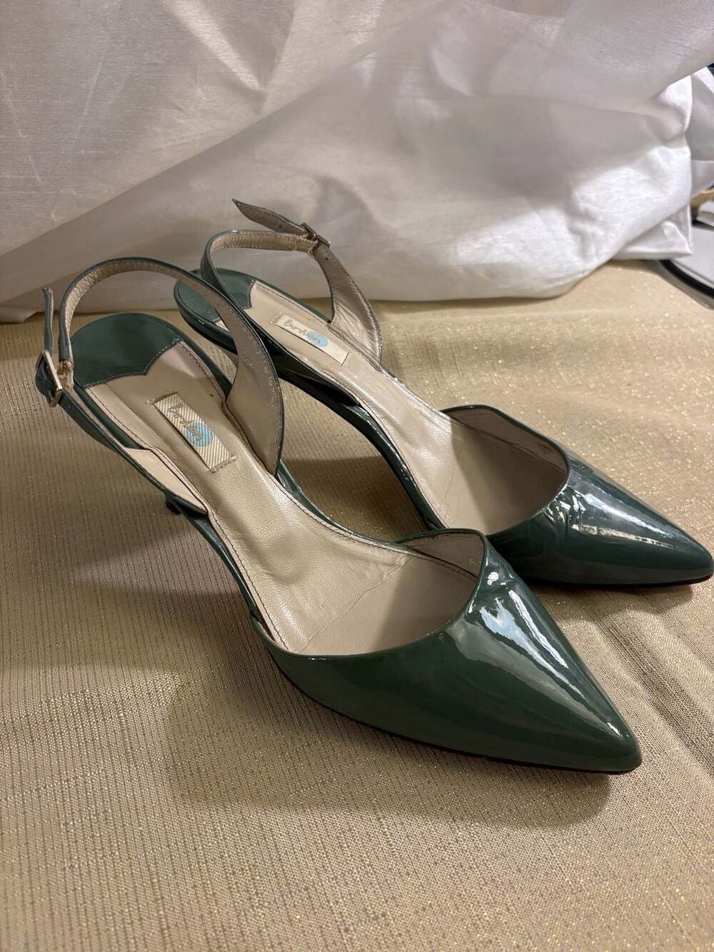 Boden Green Patent Leather Pointed Toe Kitten Heel Slingback Pumps
